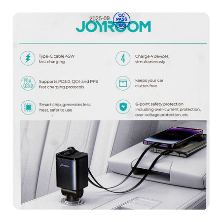 Joyroom 4-in-1 Retractable Car Charger Built-in-Type-C & Lightening Cable, 65W, Dark Grey, JR-CCL05 - Image 4
