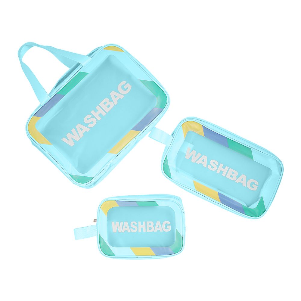 AJF Pvc Waterproof Cosmetic Rainbow Border Bag Set, Large, Blue, 3-Pack - Main Image