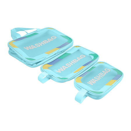 AJF Pvc Waterproof Cosmetic Rainbow Border Bag Set, Large, Blue, 3-Pack - Image 2