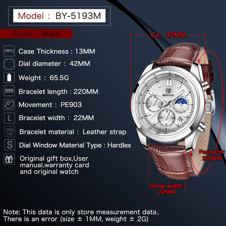 Benyar BY-5193 Mond Gesicht Chronograph Series image 4