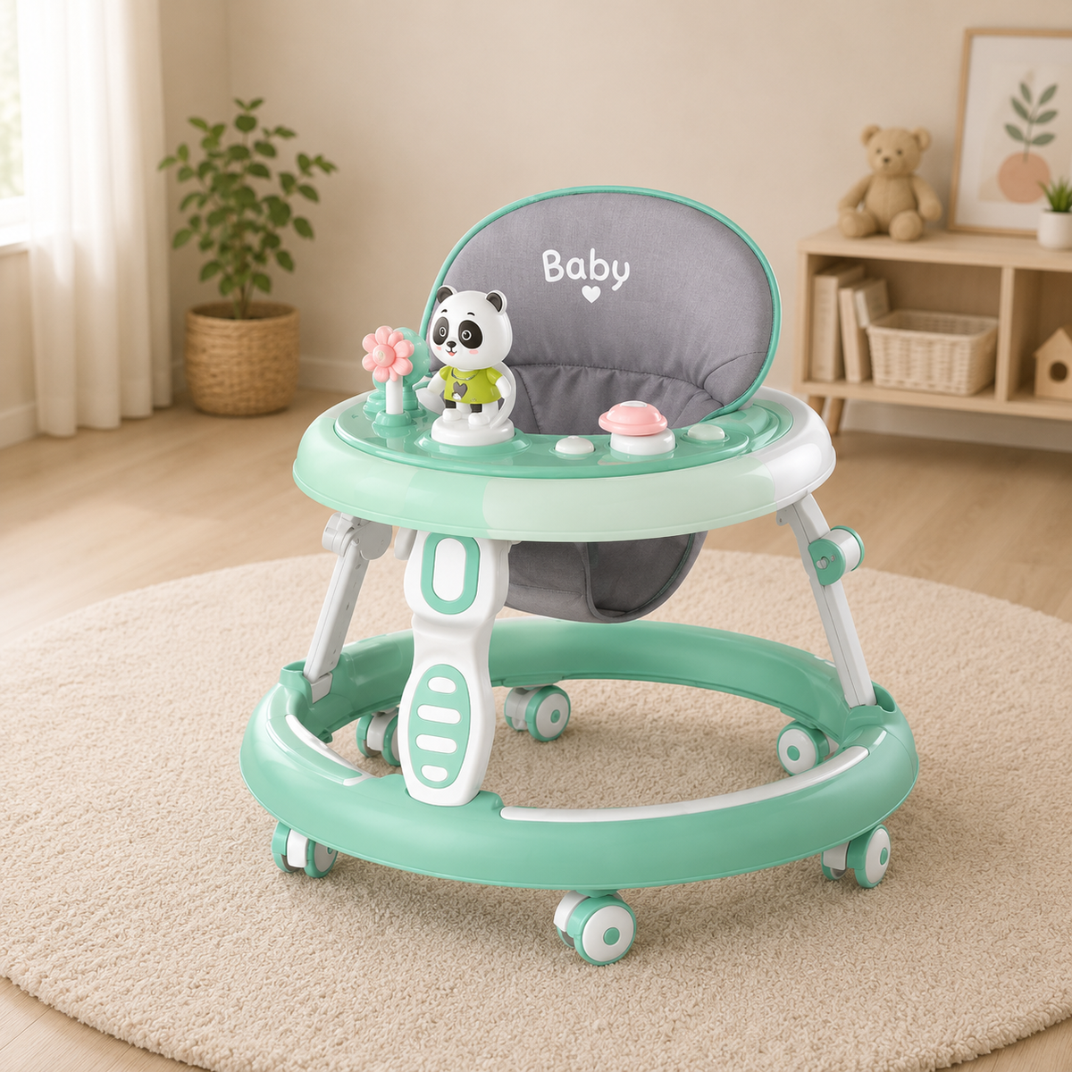 Adjustable Baby Walker With Play Tray - Green