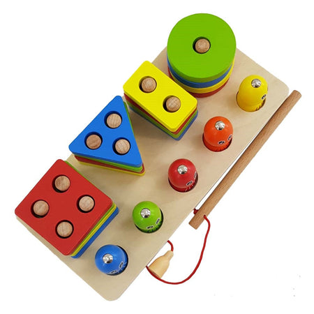 Wooden Shapes And Fish Four-Post Educational Toy