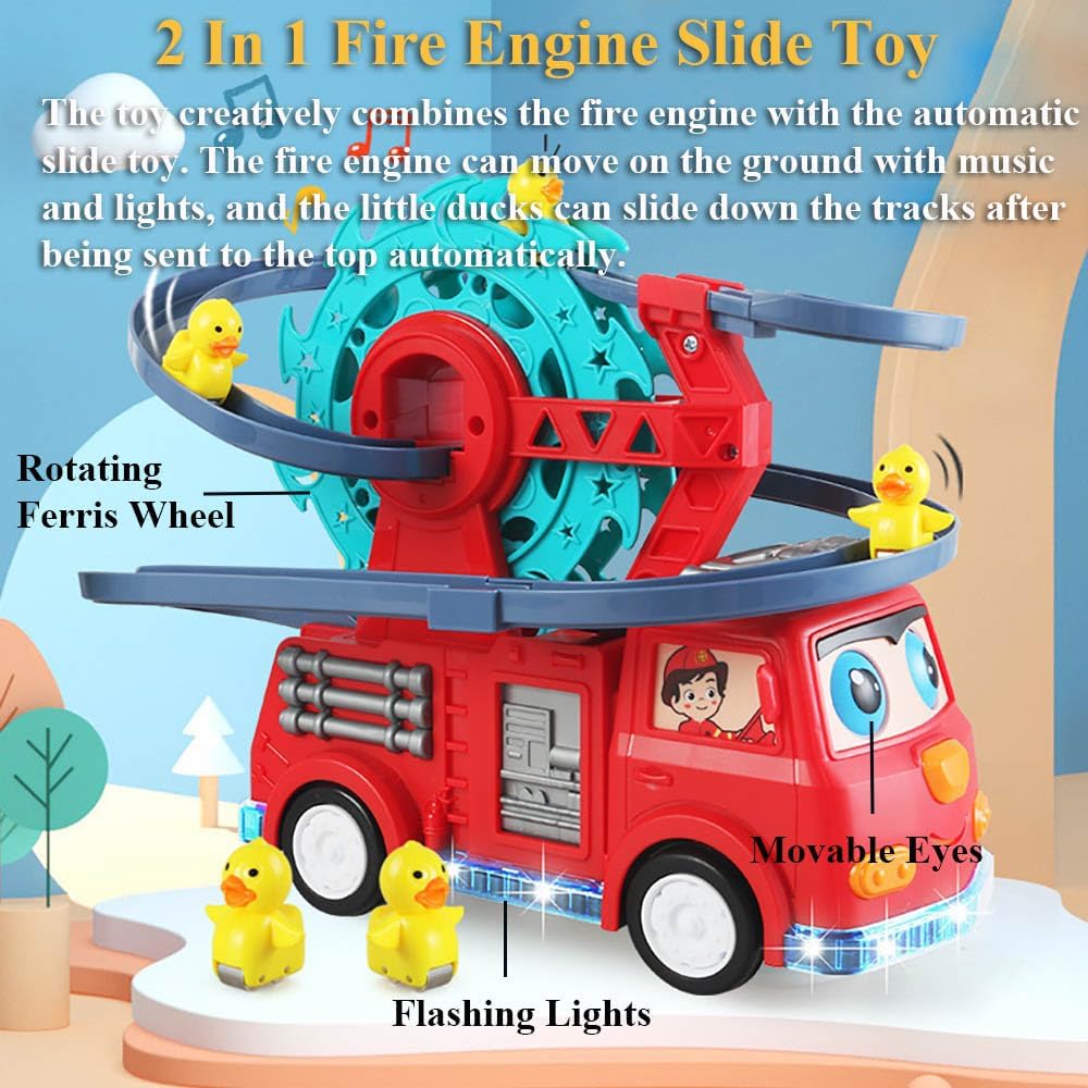 2 in 1 Fire Engine Duck Sliding Track Over Musical Truck Toy 