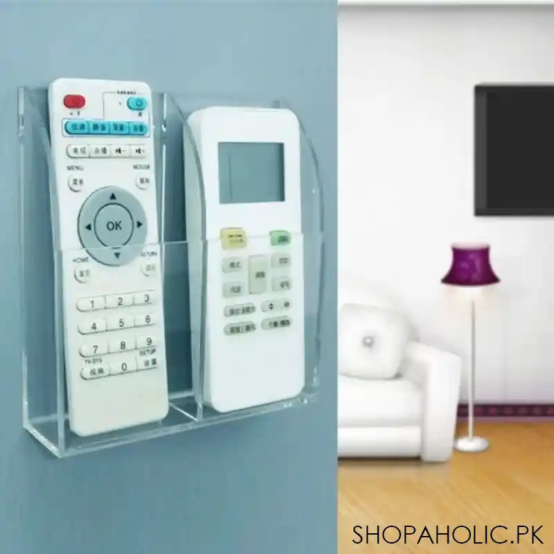 2 slot clear acrylic wall mounted desk remote control and mobile storage holder organizer stand main image