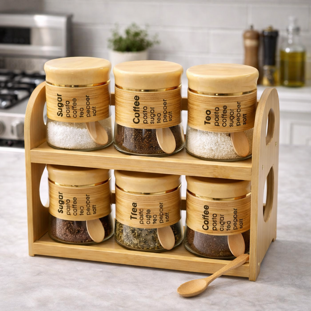 6 pcs glass jar set with bamboo rack main image