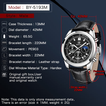 Benyar BY-5193 Mond Gesicht Chronograph Series image 4