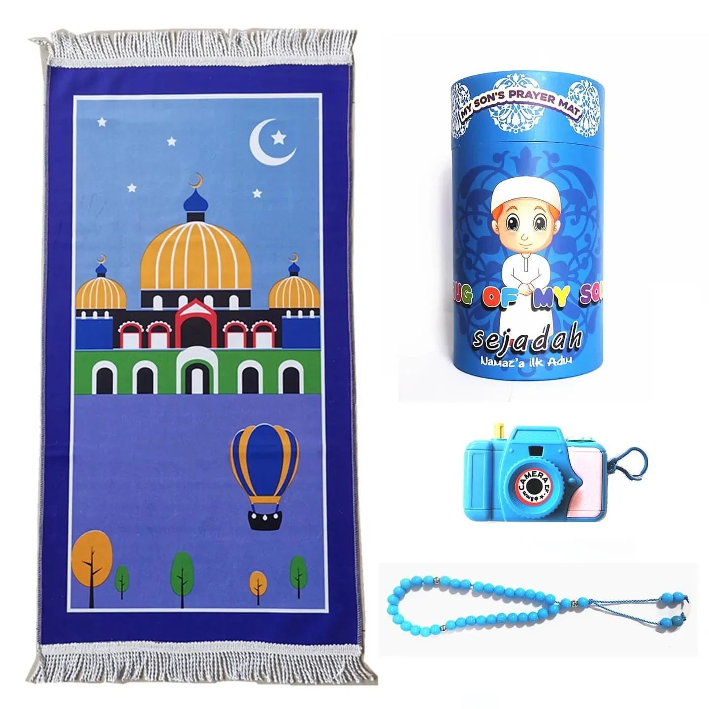 Kids Special Prayer Mat (Salah Mat) Set with Tasbeeh, Image Camera and Coin Box