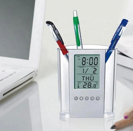LCD Digital Alarm Clock Desk Pencil Pen Holder - image 3