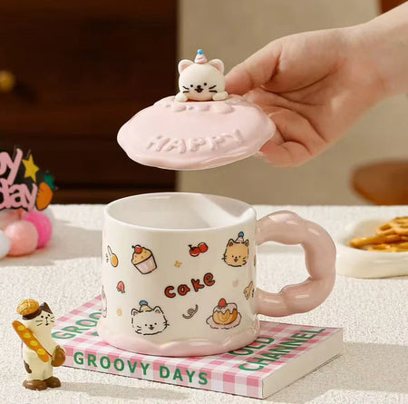 cute ceramic mug with cat lid image 3