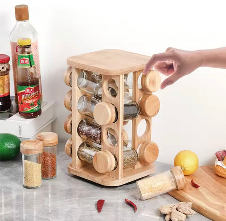 rotatable wooden spice rack with jars image 2