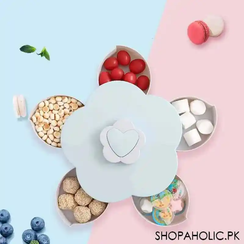 5 compartment flower shape rotating candy storage box for serving dry fruit and candies image4