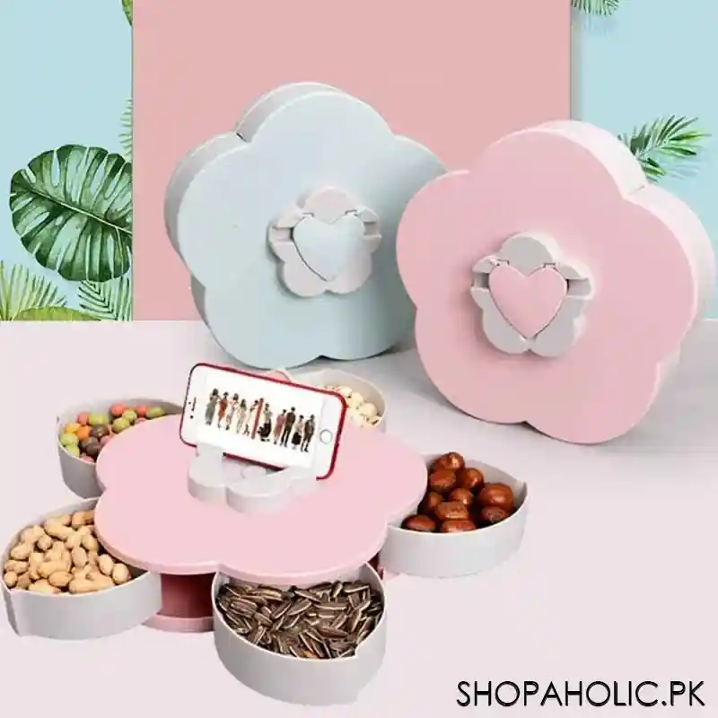 5 compartment flower shape rotating candy storage box for serving dry fruit and candies image6