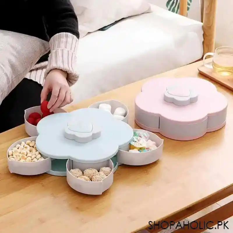 5 compartment flower shape rotating candy storage box for serving dry fruit and candies image7