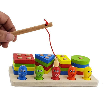 Wooden Shapes And Fish Four-Post Educational Toy
