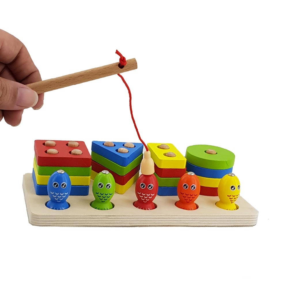 Wooden Shapes And Fish Four-Post Educational Toy