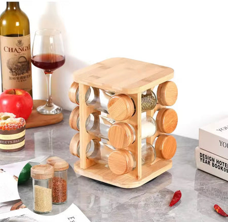rotatable wooden spice rack with jars image 3