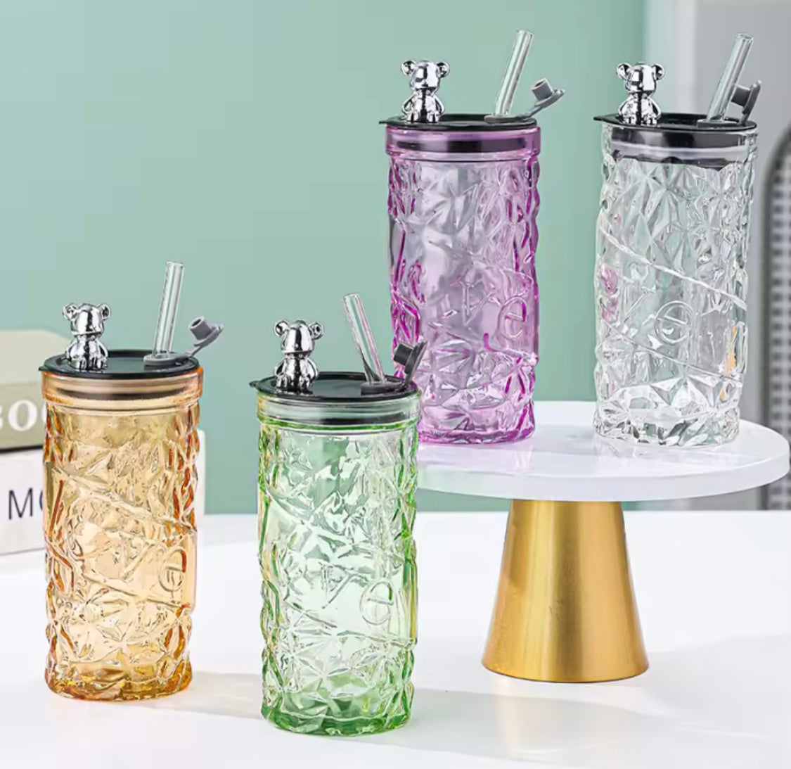 luxury bear cap transparent glass water cup main image