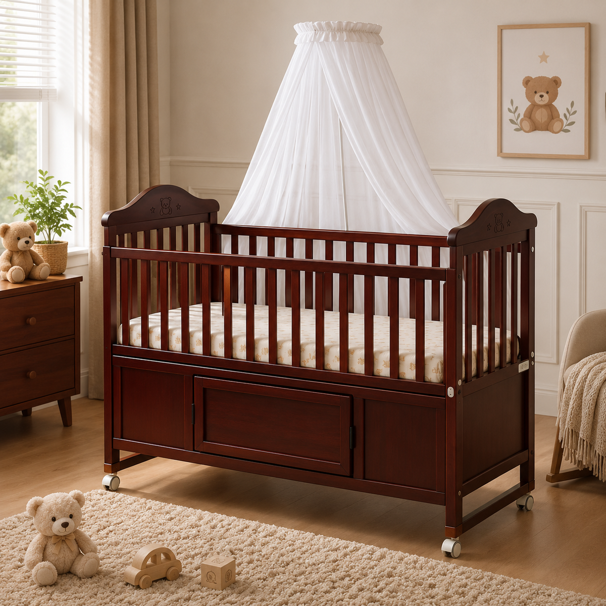 Wooden Baby Crib With Storage Panel And Mosquito Net - Brown