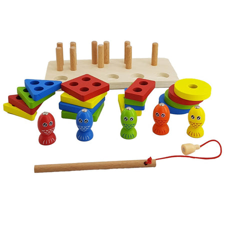 Wooden Shapes And Fish Four-Post Educational Toy