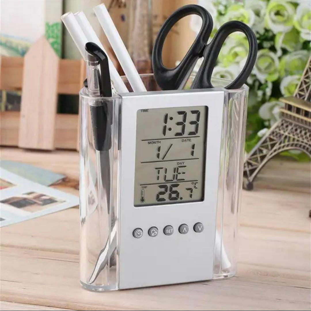 LCD Digital Alarm Clock Desk Pencil Pen Holder - image 1