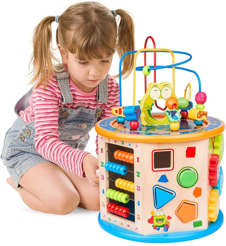 Activity Cube Toys for Kids Wooden 8-in-1 Activity Blocks Educational Bead Maze Toys Boys Girls Activity Center (Large)
