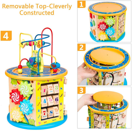Activity Cube Toys for Kids Wooden 8-in-1 Activity Blocks Educational Bead Maze Toys Boys Girls Activity Center (Large)