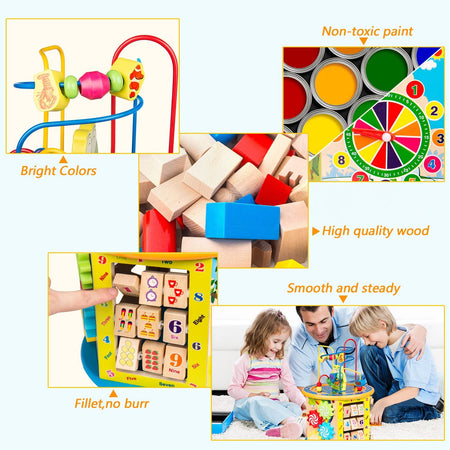 Activity Cube Toys for Kids Wooden 8-in-1 Activity Blocks Educational Bead Maze Toys Boys Girls Activity Center (Large)