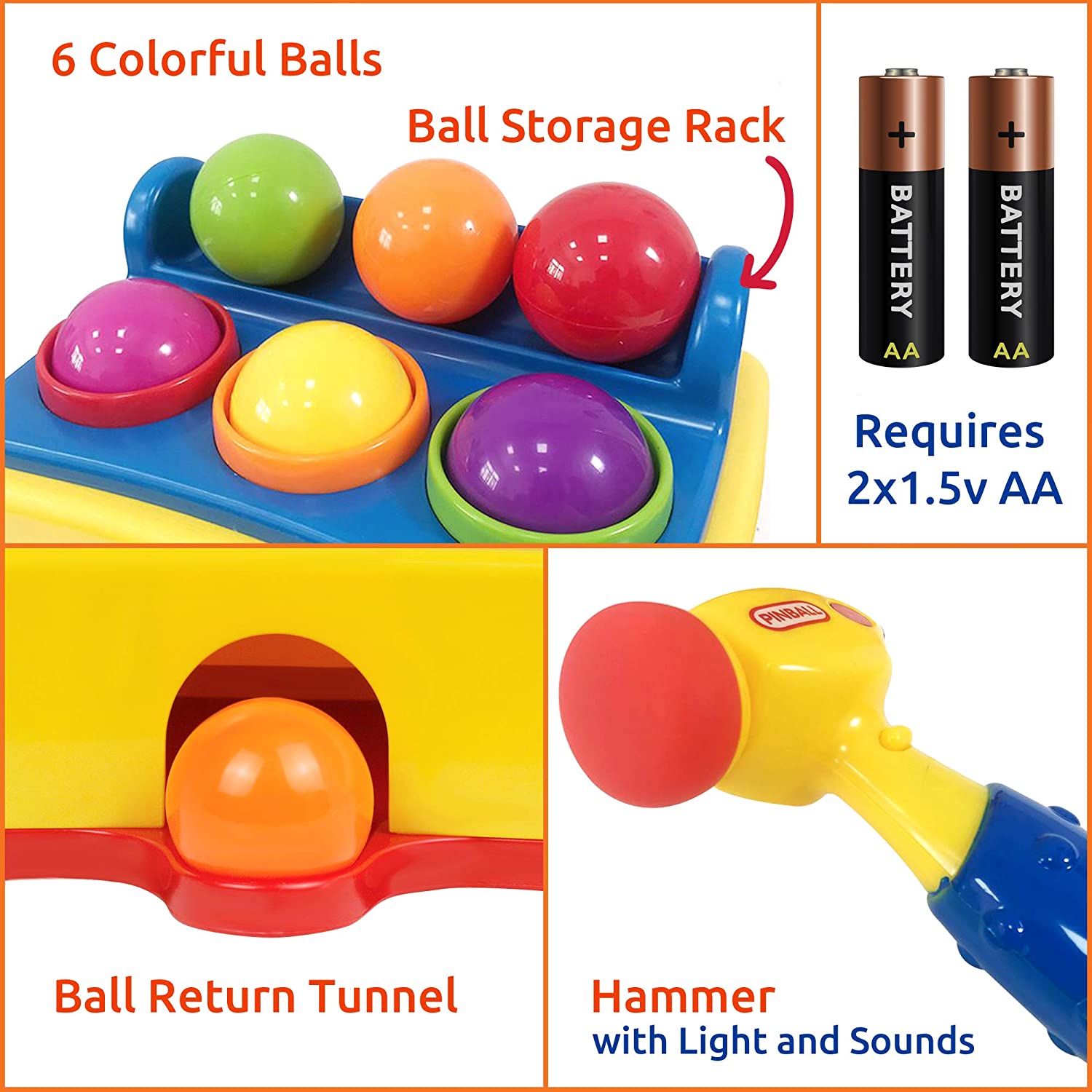 Hammer Table Ball Pound Toy for Kids, Educational Activity Toy Game with 6 Different Colored Balls
