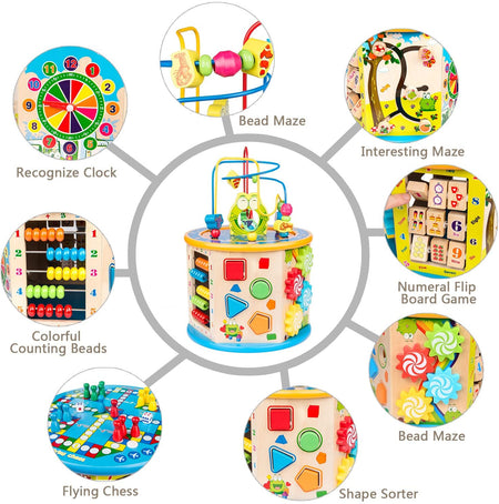 Activity Cube Toys for Kids Wooden 8-in-1 Activity Blocks Educational Bead Maze Toys Boys Girls Activity Center (Large)