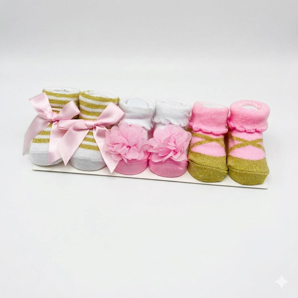 Baby Girl Booties/Socks Pack Of 3 Pairs Pink Golden