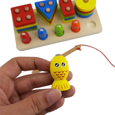 Wooden Shapes And Fish Four-Post Educational Toy
