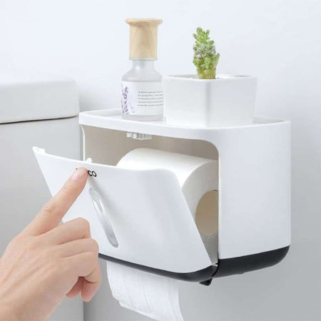wall mounted toilet roll holder with storage shelf image 2