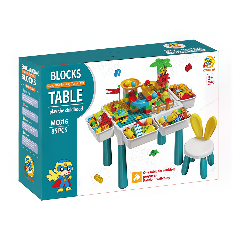 3-In-1 BUILDING BLOCK PLAY TABLE WITH CHAIR INCLUDING 85 BLOCKS
