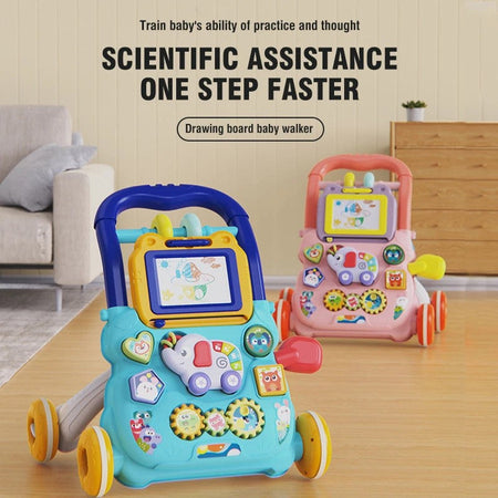 Huanger Baby Walker With Drawing Board Dazzling Lights And Music - Blue