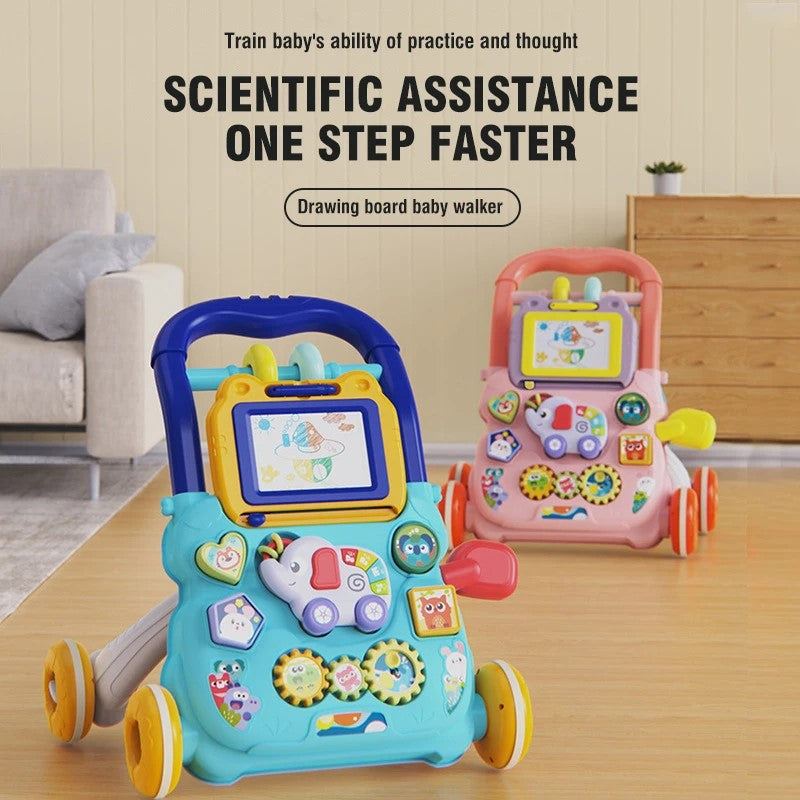 Huanger Baby Walker With Drawing Board Dazzling Lights And Music - Blue