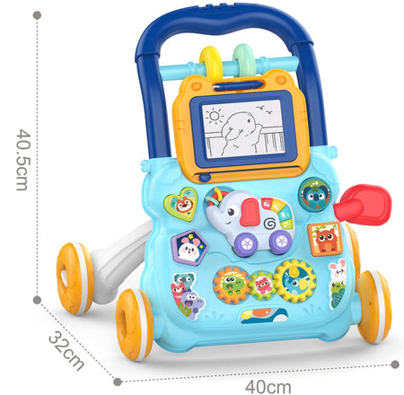 Huanger Baby Walker With Drawing Board Dazzling Lights And Music - Blue