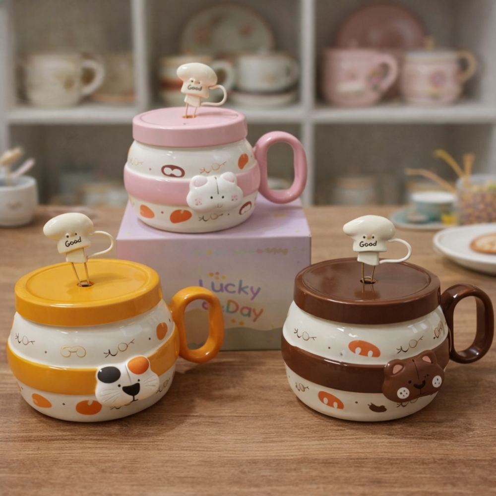 cute animal ceramic mug with lid main image