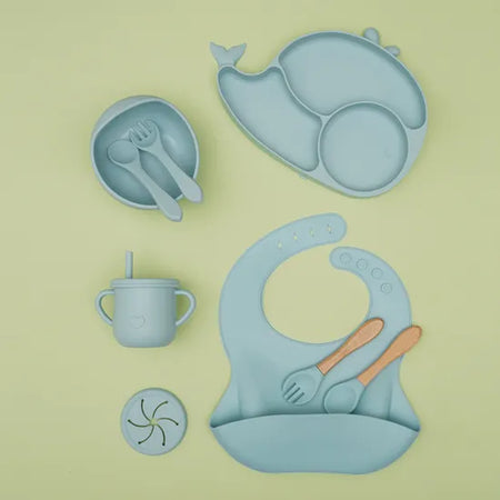 8 PCS Silicone Utensil/Feeding Set Blue Whale