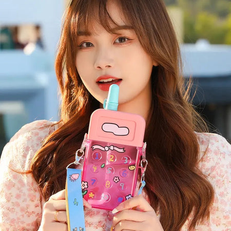 Cute Water Bottles with Straws Mobile Phone Travel Cup