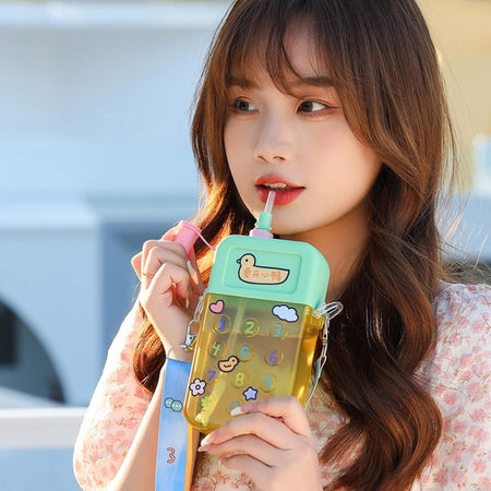 Cute Water Bottles with Straws Mobile Phone Travel Cup