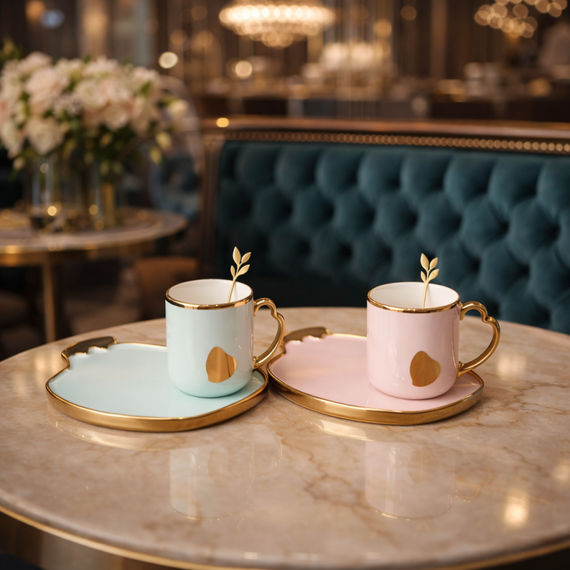 luxury heart shape ceramic coffee mug with tray main image