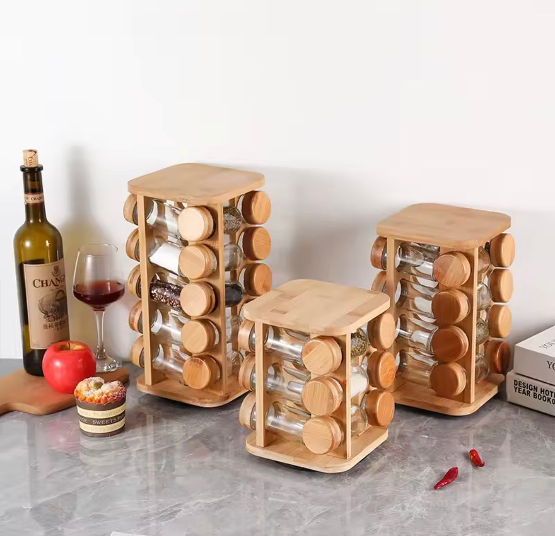 rotatable wooden spice rack with jars main image