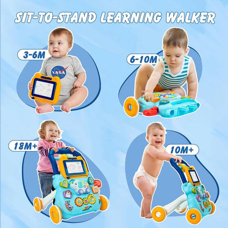 Huanger Baby Walker With Drawing Board Dazzling Lights And Music - Blue