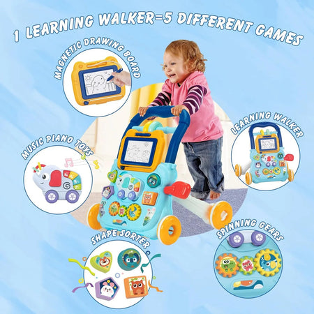Huanger Baby Walker With Drawing Board Dazzling Lights And Music - Blue