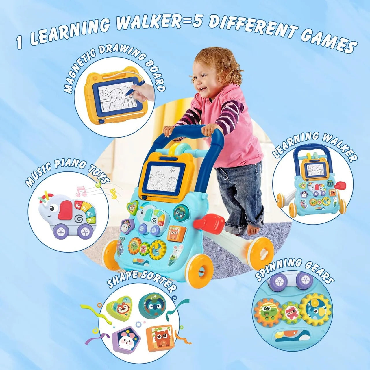 Huanger Baby Walker With Drawing Board Dazzling Lights And Music - Blue