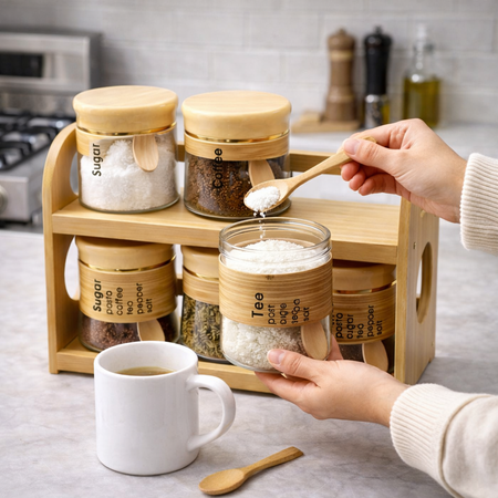 6 pcs glass jar set with bamboo rack image 2