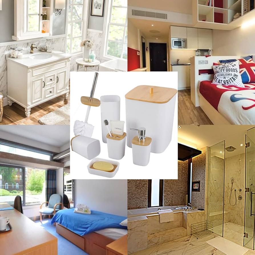 7 pieces bamboo bathroom accessories set image 3