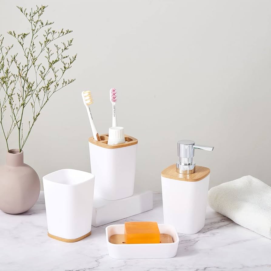 7 pieces bamboo bathroom accessories set image 2