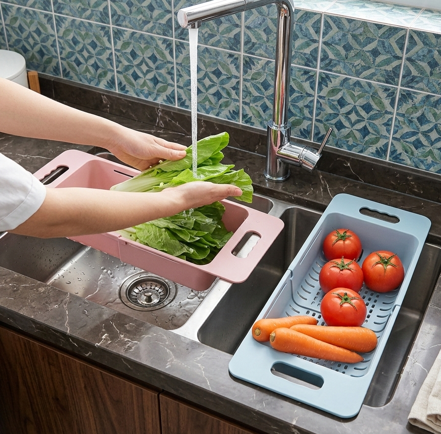Imperial MineSpace Collapsible Kitchen Colander Sink Basket for Fruits and Vegetables Drain Rack Adjustable Strainer Tray Shelf Storage Holder Over the Sink for Kitchen image 4