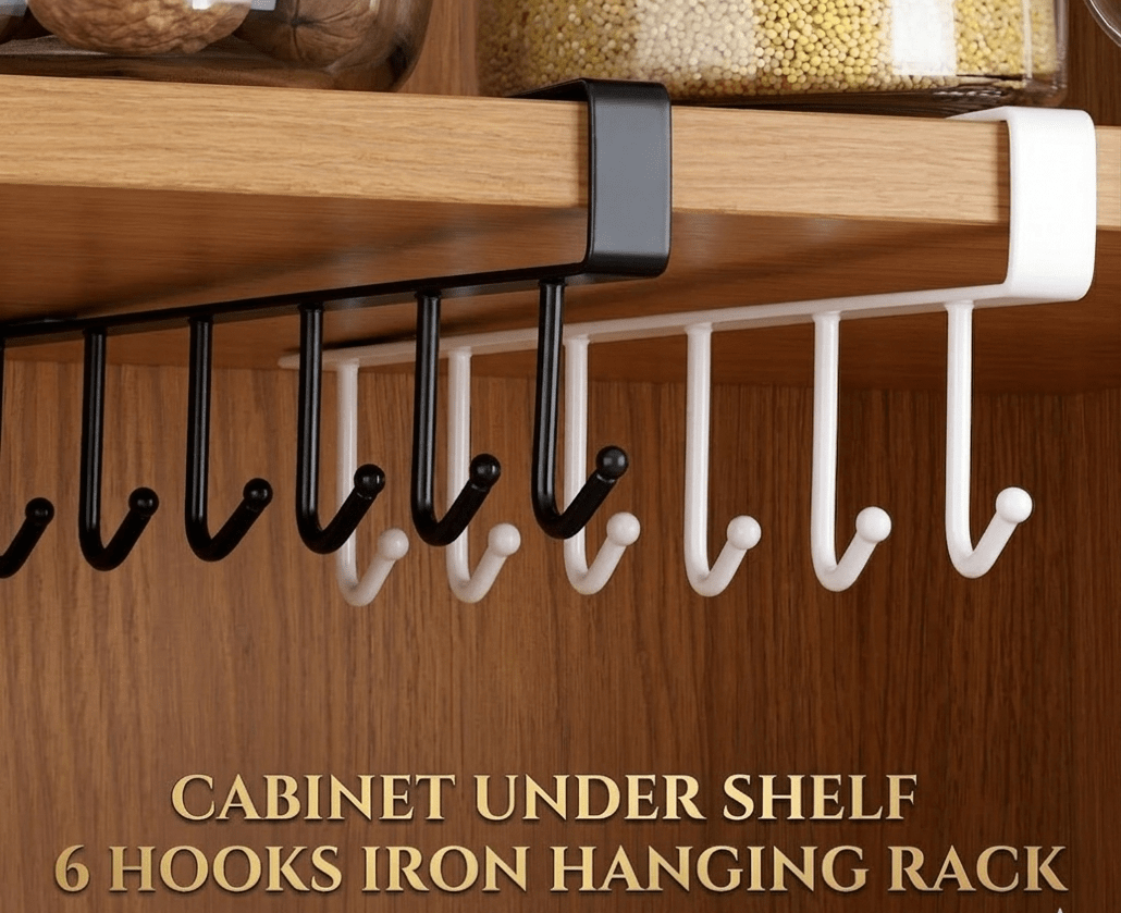 Imperial Under Shelf 6 Hooks Rack – Iron Hanging Kitchen & Bathroom Organizer image 2